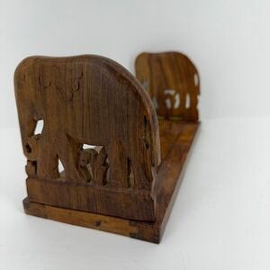 Hand Carved Wooden Elephant Sliding Bookrack Adjustable Folding Book Ends Brown